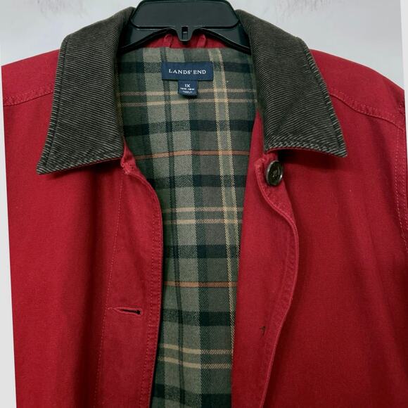 Lands’ End Red 1X Canvas Barn Coat – Chore Coat, Corduroy Collar, Flannel Lining - Picture 10 of 14